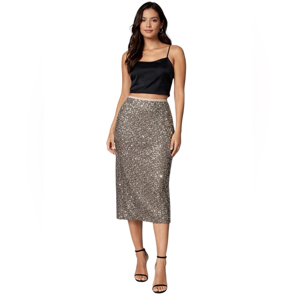 Chicos Goldtone Sequined Midi Skirt Size 2.5